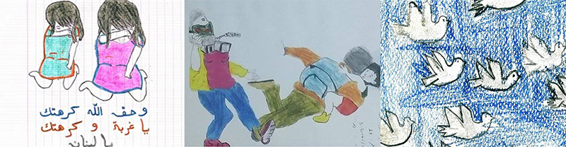 Drawings from the photo exhibition 'from syria with love' featuring drawings from refugee children. Drawings show crying refugee children, a journalist tripping over a refugee dad and son and flying doves symbolising hope.